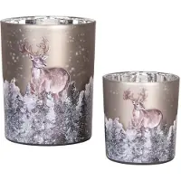 Clayre & Eef Theelichthouder Set van 2 Ø 7x8 / 10x13 cm Grijs Glas Hert