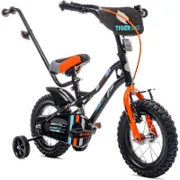 Sun baby Tiger Bike Kinderfiets voor jongens 12 inch Oranje-Turkoois, leeftijd 2 tot 4 jaar, met zijwieltjes, duwstang, handrem