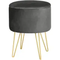 Akord Ronde Opbergpoef in Grijs Fluweel met Gouden Stalen Basis - Zelfmontage Poef 45x35 cm
