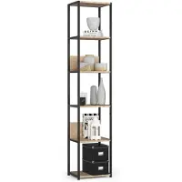 Akord Open Boekenkast, Ladderkast, Loft Design / Metalen Vakkenkast met 6 Planken / Opbergplank / Boekenrek Opslagrek / Zwart - Sonoma Eik / 40 x 192 x 32 cm