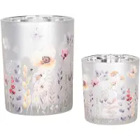 Clayre & Eef Theelichthouder Set van 2 Ø 7x8 / 10x13 cm Grijs Glas Bloemen