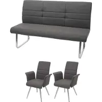 Mendler Set van 2x eetkamerstoel + bankje -G55, bankje keukenstoel + armleuning, stof/textiel roestvrij staal ~ grijsbruin bankje 180cm