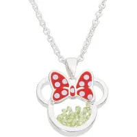 Disney Minnie Silver Plated Brass with Red enamel Bow August Birthstone Floating Stone Necklace