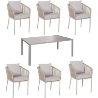 Mendler Tuinset -N41, tafel + 6 stoelen, weerbestendig aluminium 180 x 80 cm, touwvlechtwerk ~ grijs Kussens grijs