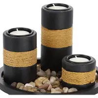 Relaxdays waxinelichthouders - dienblad en steentjes - Ø 19,5 cm - tafeldecoratie woon- en eetkamer - zwart