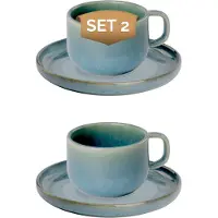 Palmer - Miami - Koffie kop en schotel - 2 stuks - 21 cl - Groen/Turquoise - Stoneware - Koffiekopjes