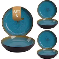 Palmer - Lotus - Bord diep - Pastabord - 6 stuks - ø 21 cm - Turquoise/Zwart - Stoneware - Bordenset