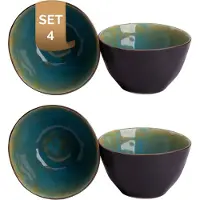 Palmer - Lotus - Schaal - Kom - 4 stuks - 1 L - ø 15 cm - Turquoise/Zwart - Stoneware - Bordenset