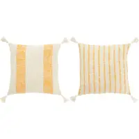 J-Line Kussen vierkant strepen+kwasten katoen wit/oranje assortiment van 2