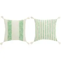 J-Line Kussen vierkant strepen+kwasten katoen wit/groen assortiment van 2
