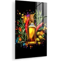 MuchoWow Glasschilderij 120x180 cm - Schilderij acrylglas - Olijfolie - Graffiti - Peper - Olijven - Modern - Foto op glas - Muurdecoratie woonkamer - Wanddecoratie slaapkamer - Schilderijen