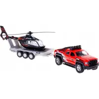 Kids Globe terreinwagen met trailer met helikopter 35cm