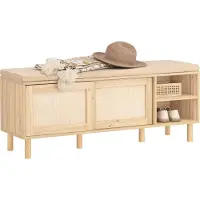SoBuy Schoenenkast met zitkussen - 2 Schuifdeuren - Landelijk - 1212 x 35 x 49 cm - Bruin
