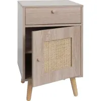 MCW Bijzettafel -M36, salontafel nachtkastje loungetafel, opbergvakken lade, Kubu rotan hout melamine, eiken-look