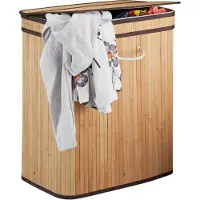 Relaxdays wasmand met deksel - 2 vakken - bamboe wasbox - 72 liter - mand voor wasgoed natuur