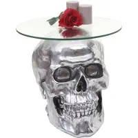 Mendler Bijzettafel schedel -A19, polyresin glazen tafel woonkamer tafel, zilver 52x55x55cm