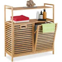 Relaxdays wasmand 2 vakken - bamboe & stof - kantelbare wasboxen - wassorteerder 2 planken