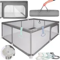 Sun baby Kinderbox met groene handvat 150x200 cm 0-2 jaar Grijs, polyester, netwanden, ingang met rits, antislipvoetjes, draagtas inbegrepen, metalen frame