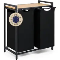 Blumtal Wasmand met 2 vakken - Wasmand met bamboe plank - Metalen frame - Wasmand met poten - Zwart
