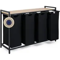 Blumtal Wasmand met 4 vakken - Wasmand met bamboe plank - Metalen frame - Wasmand met poten - Zwart