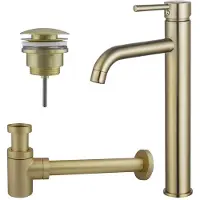 FortiFura Calvi Wastafelkraanset - verhoogde wastafelkraan - klikwaste plug - verlaagde design sifon - Geborsteld Messing PVD (Goud) SW720549/SW696202/SW696218