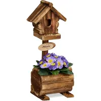 Relaxdays decoratief vogelhuisje met bloempot - 41 x 15 x 15 cm - dennenhout - rustiek - decoratie