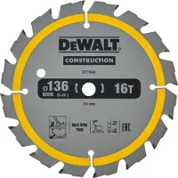 DeWalt Cirkelzaagblad voor Hout | Construction | Ø 136mm Asgat 10mm 16T - DT1946-QZ