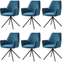 MCW Set van 6 eetkamerstoelen -G67, keukenstoel met armleuningen, draaibaar met automatische terugkeer, fluweel MVG ~ turkooisblauw, poten zwart