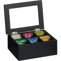 Relaxdays theedoos- 6 vaks - bamboe - 9x21,5x16 cm - met deksel - zwart