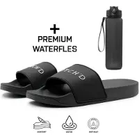 Dutch'd Rubberen slipper + Handige Waterfles! - Zwart/wit - Maat 41/42 - anti slip - Comfortabel - Dubbele maten - unisex - Heren Badslipper - Slippers - Badslippers