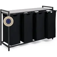 Blumtal Wasmand met 4 vakken - Wasmand met betonlook plank - Metalen frame - Wasmand met poten - Zwart