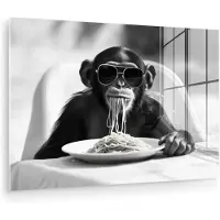 MuchoWow Glasschilderij 180x120 cm - Schilderij acrylglas - Aap - Spaghetti - Zonnebril - Zwart wit - Cool - Dier - Foto op glas - Muurdecoratie woonkamer - Wanddecoratie slaapkamer - Schilderijen