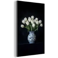 MuchoWow Aluminium schilderij 120x180 cm - Wanddecoratie metaal - Wit - Bloemen - Tulpen - Vaas - Metalen muurdecoratie woonkamer - Decoratie industrieel - Foto op dibond - Industriële accessoires slaapkamer