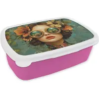 MuchoWow Broodtrommel Roze - Lunchbox Vrouw - Bloemen - Vlinders - Natuur - Vintage - Brooddoos 18x12x6 cm - Brood lunch box - Broodtrommels voor kinderen en volwassenen
