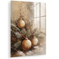 MuchoWow Glasschilderij 120x160 cm - Schilderij acrylglas - Kerst - Kerstballen - Beige - Goud - Foto op glas - Muurdecoratie woonkamer - Wanddecoratie slaapkamer - Schilderijen