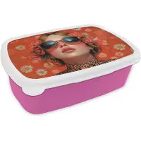 MuchoWow Broodtrommel Roze - Lunchbox Vrouw - Kleurrijk - Dierenprint - Bloemen - Brooddoos 18x12x6 cm - Brood lunch box - Broodtrommels voor kinderen en volwassenen
