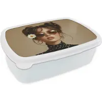MuchoWow Broodtrommel Wit - Lunchbox Vrouw - Beige - Bloem - Modern - Portret - Brooddoos 18x12x6 cm - Brood lunch box - Broodtrommels voor kinderen en volwassenen