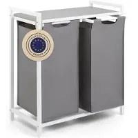 Blumtal Wasmand met 2 vakken - Wasmand met betonlook plank - Metalen frame - Wasmand met poten - Wit en grijs