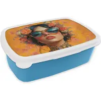 MuchoWow Broodtrommel Blauw - Lunchbox Vrouw - Bloemen - Aesthetic - Oranje - Brooddoos 18x12x6 cm - Brood lunch box - Broodtrommels voor kinderen en volwassenen