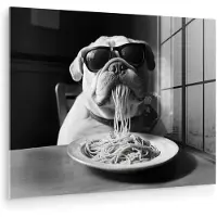MuchoWow Glasschilderij 160x120 cm - Schilderij acrylglas - Hond - Bulldog - Pasta - Bril - Stoer - Dieren - Foto op glas - Muurdecoratie woonkamer - Wanddecoratie slaapkamer - Schilderijen