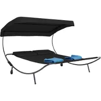 Hioshop Bindox hangmat, hangendeligstoel dubbele 130x120cm met dak, wielen, 2 kussens zwart.