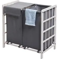 MCW Wasbak -B60, Wasbox wasmand, massief hout 2 vakken 60x60x33cm 68l ~ shabby white, grijs deksel