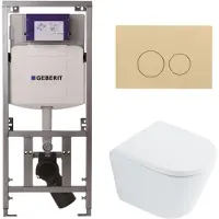Geberit QeramiQ Dely Toiletset - 36.3x51.7cm - diepspoel - rimless - UP320 inbouwreservoir - softclose toilet zitting 35 mm - bedieningsplaat beige - ronde knoppen - wit glans SW1026255 /