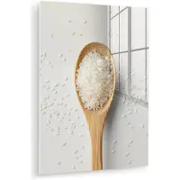 MuchoWow Glasschilderij 120x160 cm - Schilderij acrylglas - Hout - Lepel - Rijst - Foto op glas - Muurdecoratie woonkamer - Wanddecoratie slaapkamer - Schilderijen