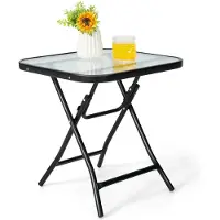 Costway Patio Bistrotafel, 46,5cm Vierkante Eettafel met Roestvrij Frame, Opvouwbare Koffietafel met Gehard Glazen Tafelblad, Draagbare Bistro Tafel voor Patio, Balkon, Achtertuin, Zwembad, Zwart