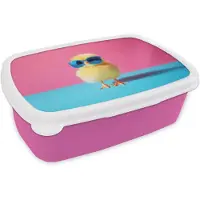 MuchoWow Broodtrommel Roze - Lunchbox Kuiken - Zonnebril - Blauw - Brooddoos 18x12x6 cm - Brood lunch box - Broodtrommels voor kinderen en volwassenen