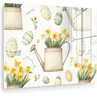 MuchoWow Glasschilderij 160x120 cm - Schilderij acrylglas - Gieter - Bloemen - Eieren - Foto op glas - Muurdecoratie woonkamer - Wanddecoratie slaapkamer - Schilderijen