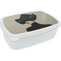 MuchoWow Broodtrommel Wit - Lunchbox Vrouw - Groen - Hoed - Brooddoos 18x12x6 cm - Brood lunch box - Broodtrommels voor kinderen en volwassenen