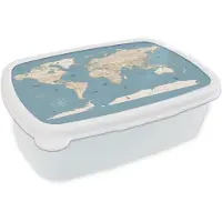 MuchoWow Broodtrommel Wit - Lunchbox Wereldkaart - Oceaan - Realistisch - Blauw - Brooddoos 18x12x6 cm - Brood lunch box - Broodtrommels voor kinderen en volwassenen