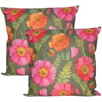 Anna's Collection Sierkussen voor binnen en buiten - 2x - klaprozen bloemen - groen/roze - 60 x 60 cm - tuinkussens
